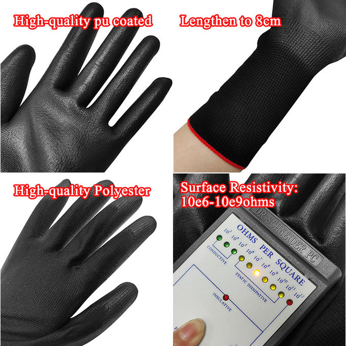Lengthen Anti Static Gloves Polyester Black ESD PU Palm Coated 1