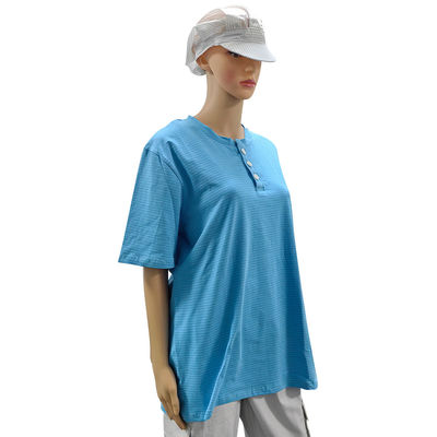 Cleanroom 99% Cotton+1% Carbon Fiber Blue Unisex ESD Anti-static O-neck T-shirt With 3 Buttons