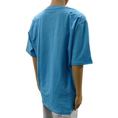 Cleanroom 99% Cotton+1% Carbon Fiber Blue Unisex ESD Anti-static O-neck T-shirt With 3 Buttons