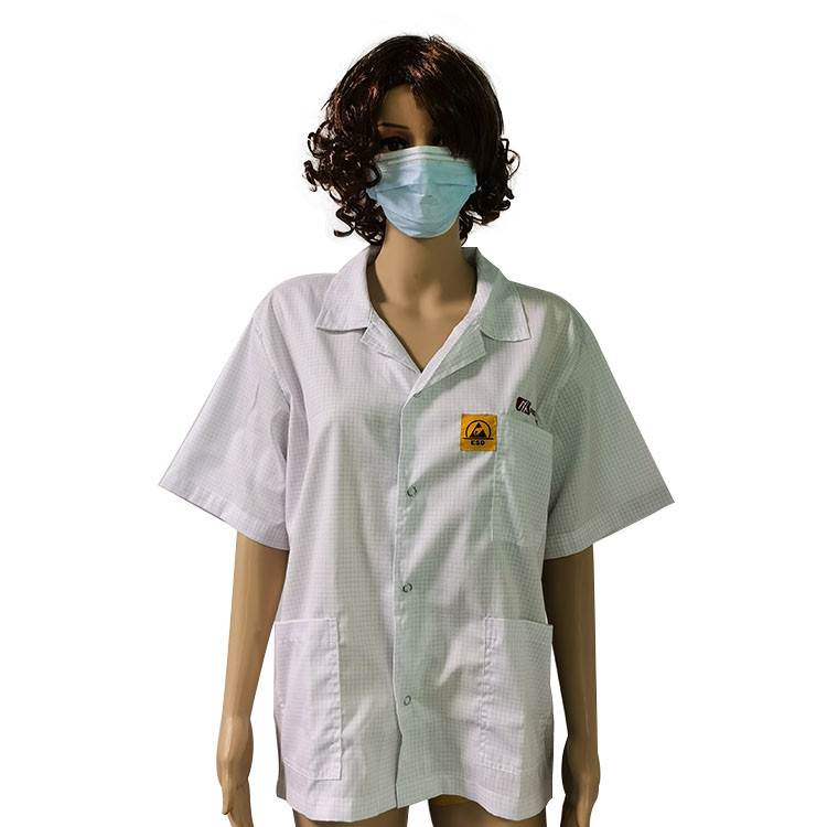 2.5mm Gird T-Shirt Industrial Work Clothes For Cleanroom ESD Antistatic