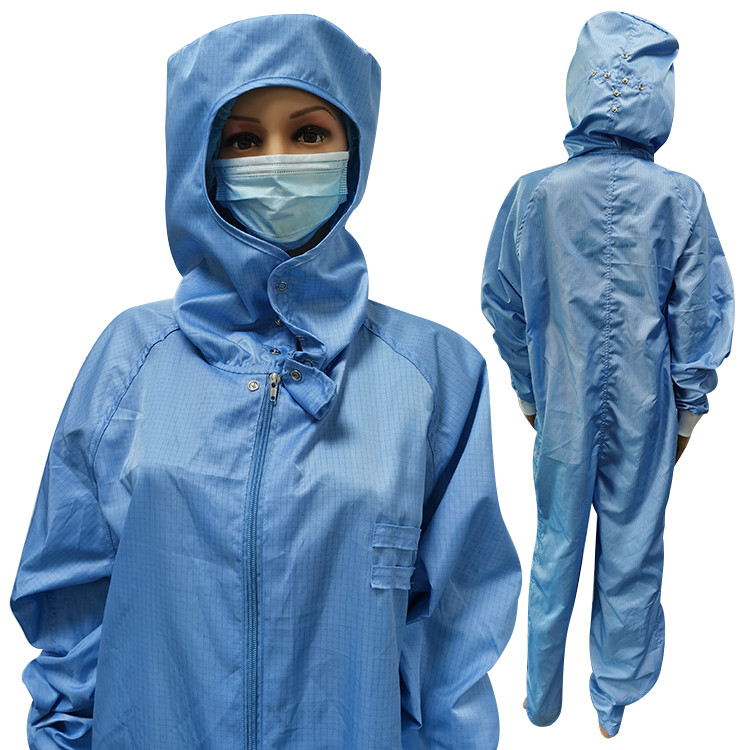 Blue 5mm Gird Washable Dust Free Anti Static Cleanroom Jumpsuit Coverall With Hood