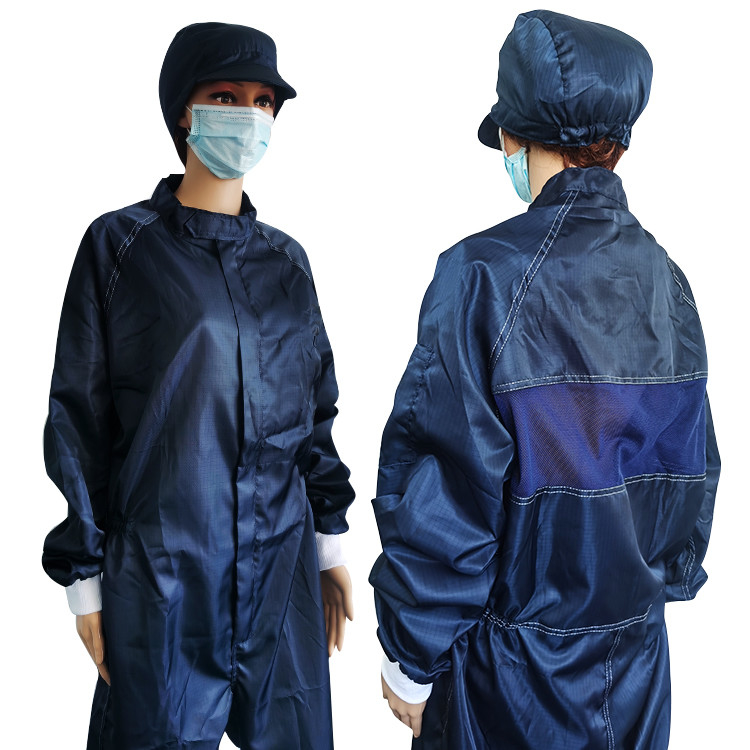 5mm Grid Dark Blue ESD Cleanroom Jumpsuit Coverall For Electronics Industries