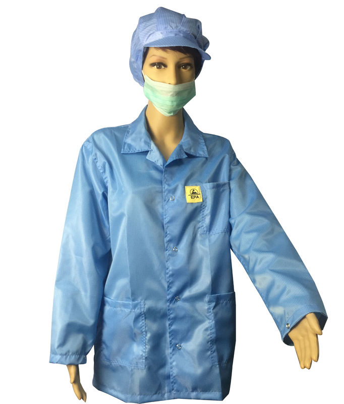 Static Dissipative ESD Jackets 2.5mm Grid White And Blue For EPA Clean Room