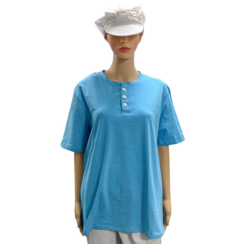Cleanroom 99% Cotton+1% Carbon Fiber Blue Unisex ESD Anti-static O-neck T-shirt With 3 Buttons