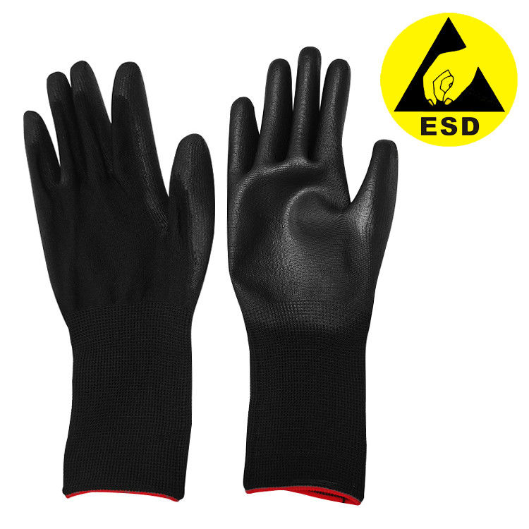 Lengthen Anti Static Gloves Polyester Black ESD PU Palm Coated
