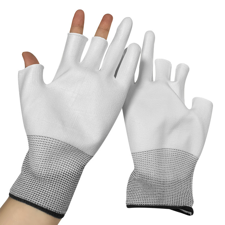 3 Fingers Half PU Palmfit Coated Safety Gloves Industry Use White