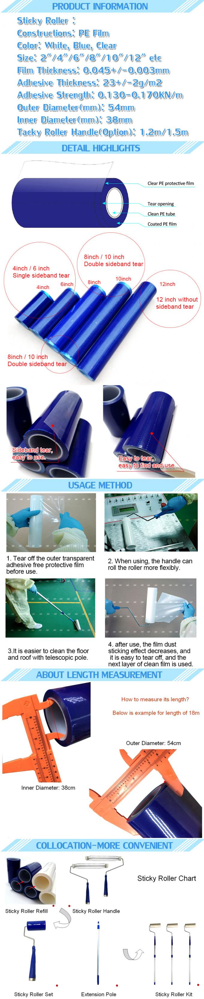 Disposable 50mic PE Sticky Lint Remover Roller For Cleanroom 0
